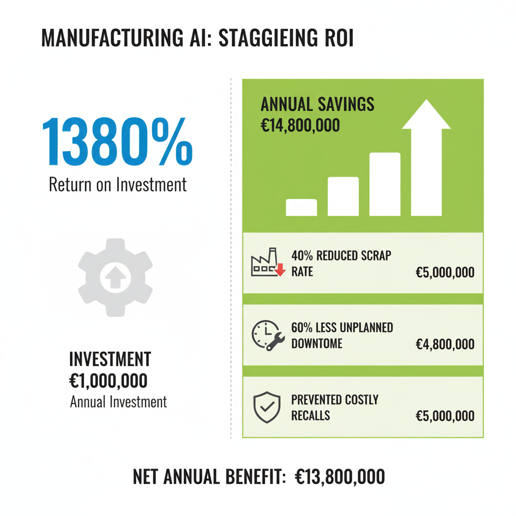 Infographic showing the ROI of AI in manufacturing, with €1M investment leading to €13.8M in savings.