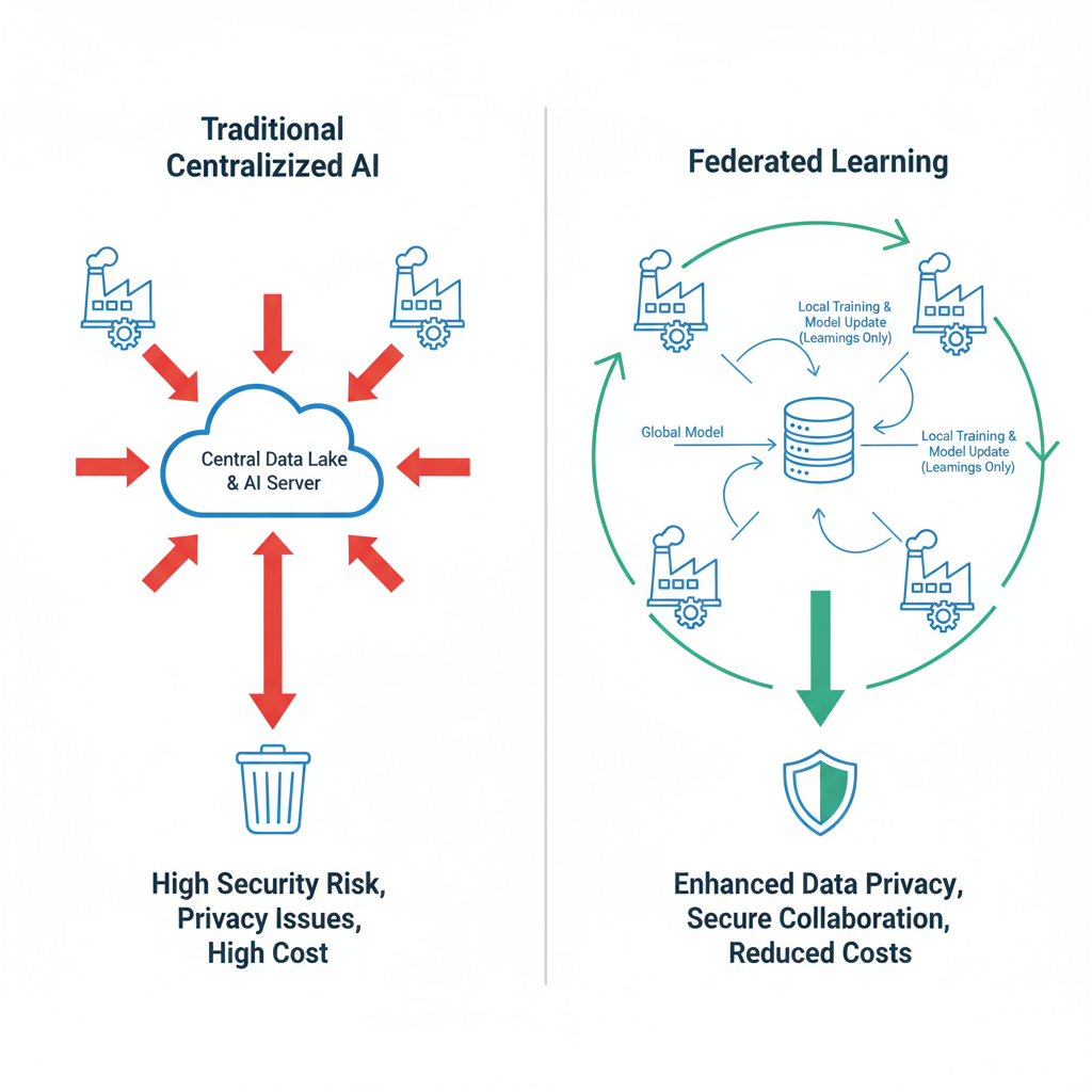 Diagram comparing centralized AI data collection to the secure, decentralized federated learning process in a manufacturing setting.