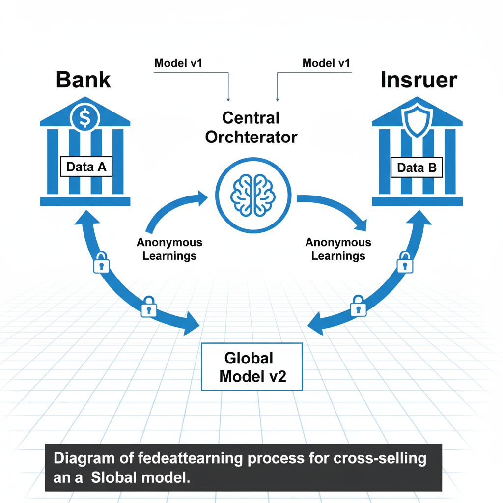 Diagram of the federated learning process for cross-selling, showing how data remains local while model learnings are combined in a central orchestrator to create a smarter global model